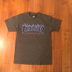THRASHER, Grey, t-shirt with purple and blue lettering for the thrasher symbol.